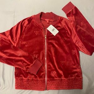 Guess red velour cropped zip up
